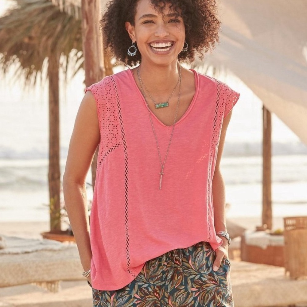 Sundance Dinah Coral V-Neck Ladder Lace Eyelet Top 100% Cotton